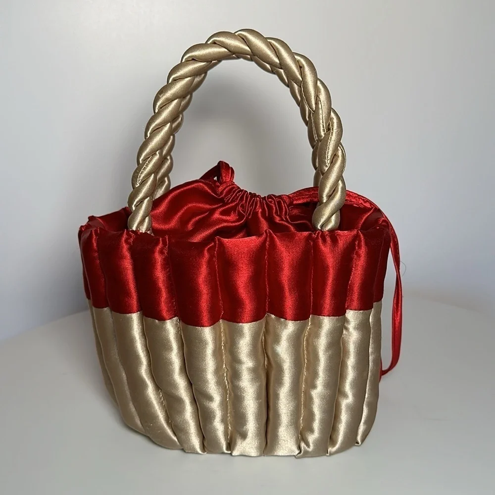 80s SATIN FLOWER BASKET cupcake purse twisted handle tie top bridal flower girl
